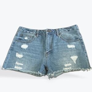 Forever 21 Women Distressed Denim Shorts Medium Wash Raw Hem Size 29 High Rise